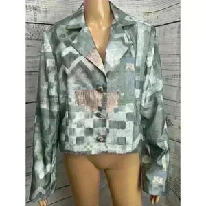 VTG Lori Zoni Silk Cropped Jacket Blazer Sz M Long Sleeve Blue Abstract USA Made